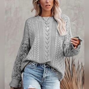 Elegant Gray Lace Sleeve Sweater